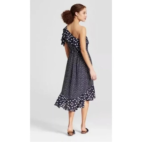 A New Day Navy Blue & White Polka Dot Ruffle One Shoulder Midi Dress XS - Picture 2 of 6